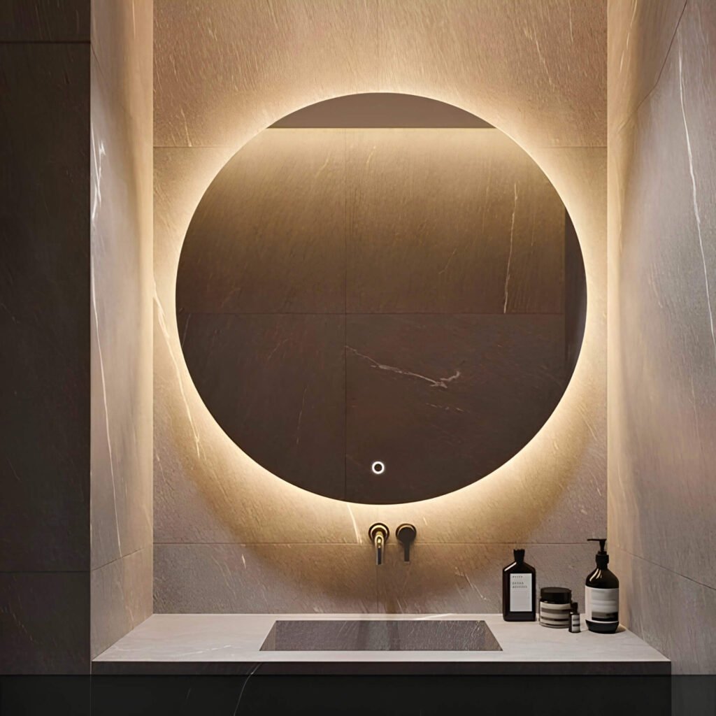 Espejo circular con iluminación LED instalado sobre vanitory de baño moderno