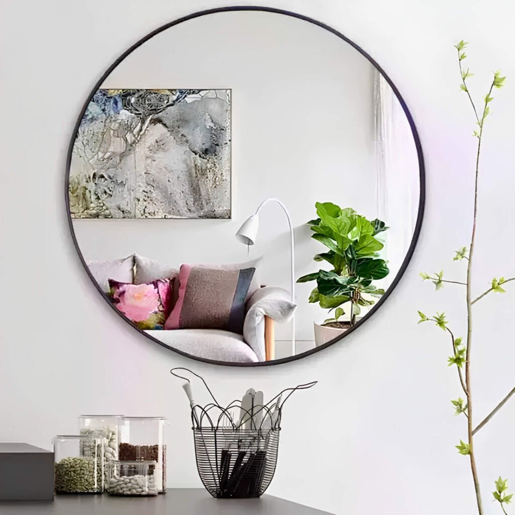 Espejo circular con marco negro instalado sobre mueble en living moderno
