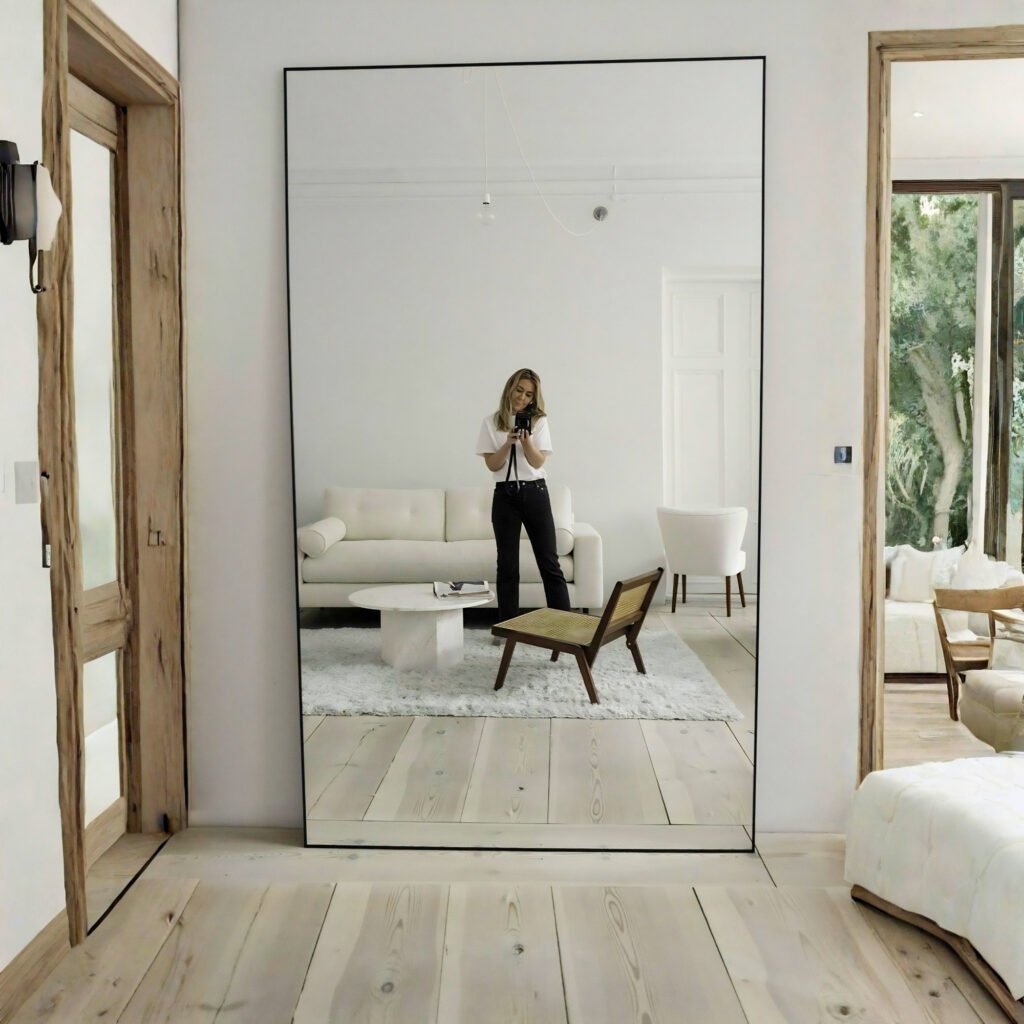 Espejo rectangular de puntas rectas con bordes pulidos apoyado en ambiente moderno