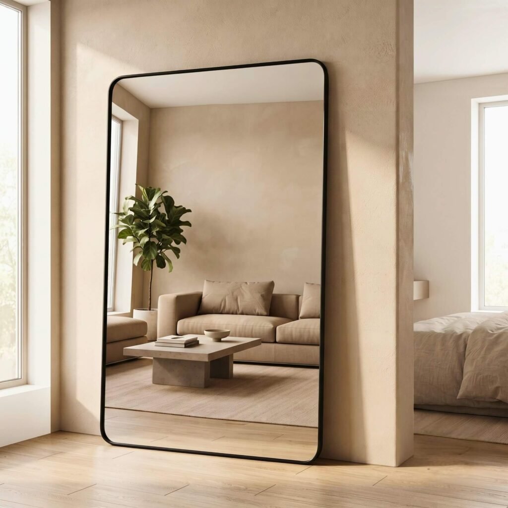 Espejo rectangular de cuerpo entero con puntas redondeadas y marco negro en living moderno