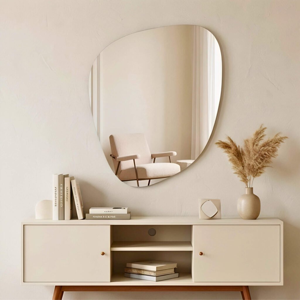 Espejo Ágata asimétrico sobre mueble en ambiente moderno y minimalista