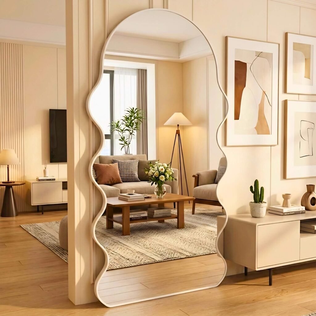 Espejo Waves asimétrico con marco de línea hierro negro para living moderno