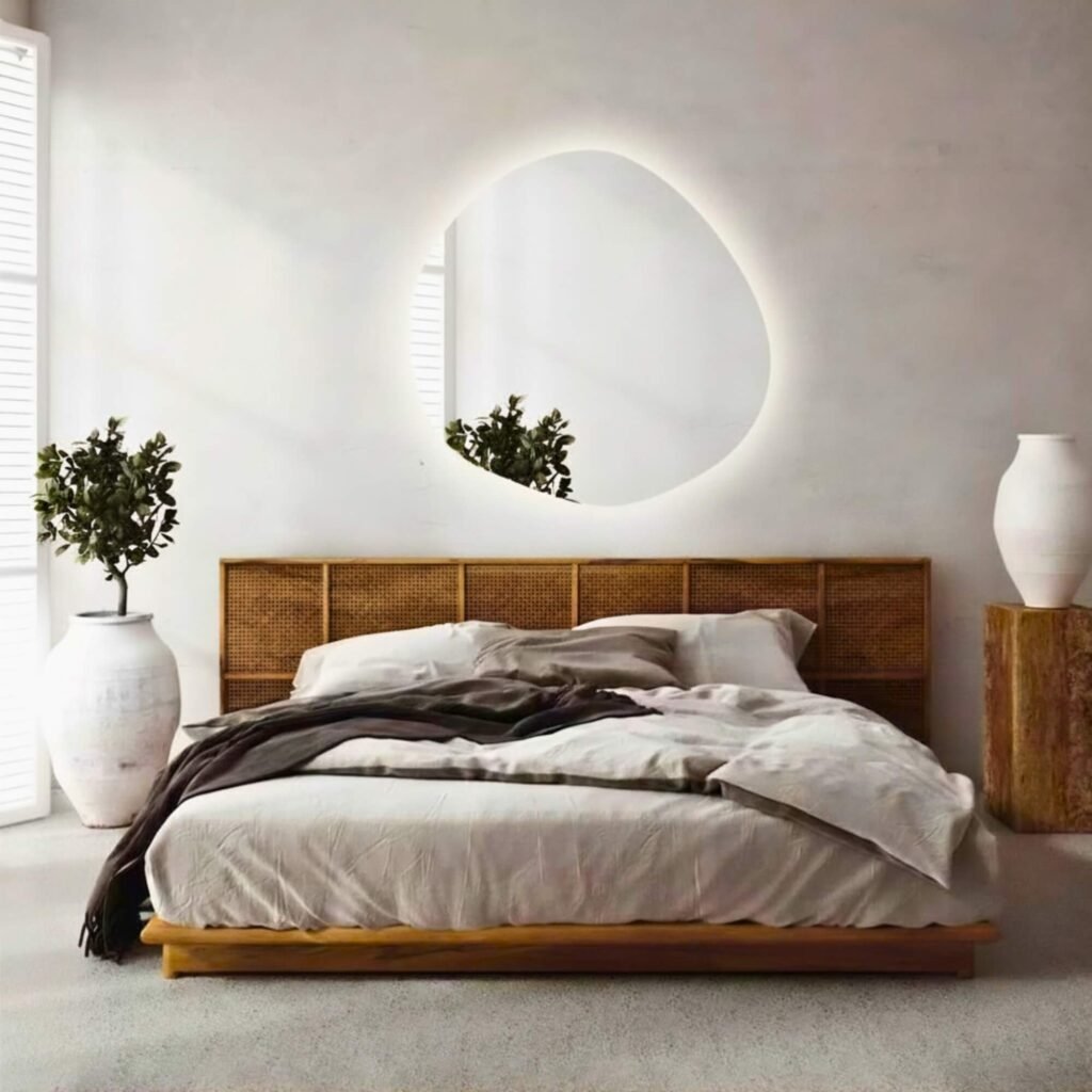 Espejo Ibur de forma orgánica sobre cama en dormitorio moderno