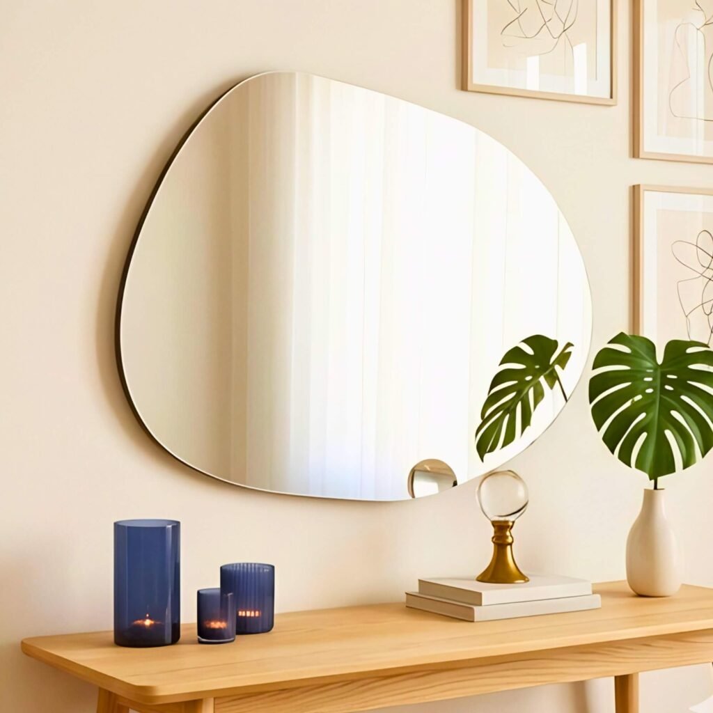 Espejo Jade asimétrico decorativo apoyado sobre mueble de madera