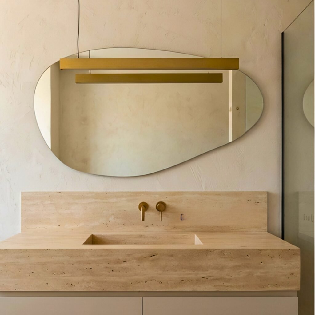 Espejo Jaspe asimétrico instalado sobre vanitory de baño moderno