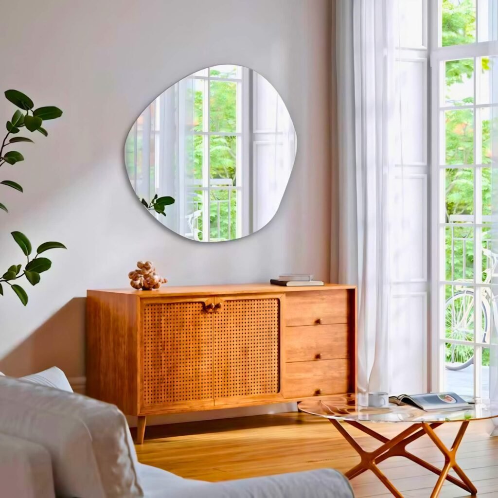 Espejo Rubí de forma orgánica sobre consola de madera en living moderno