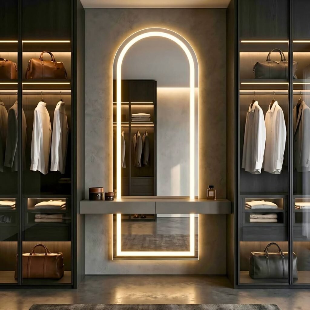 Espejo arqueado LED con sensor touch y dimmer regulable para vestidor moderno