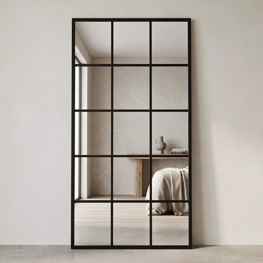 Espejo ventana con marco de línea hierro negro para living estilo industrial