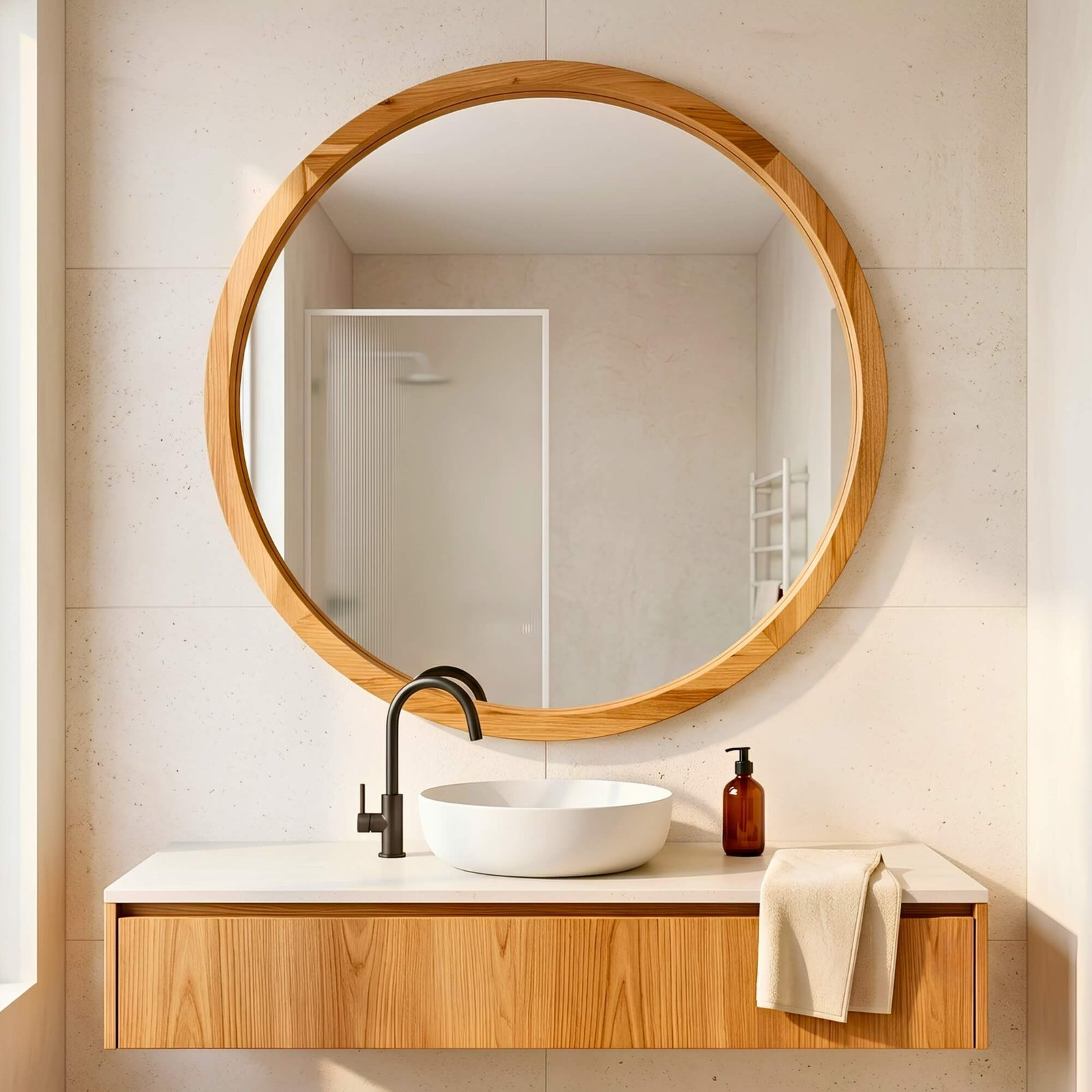 Espejo circular de madera premium en ambiente moderno