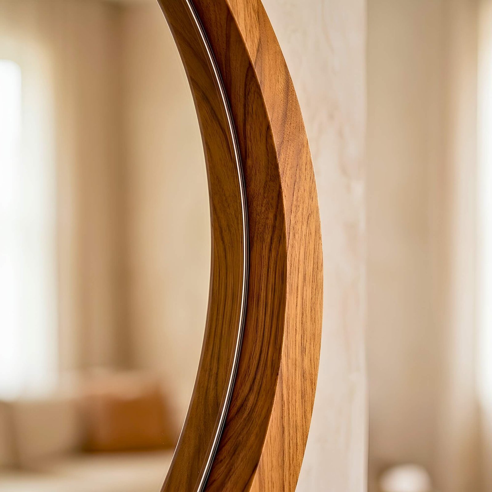 Detalle del marco de madera premium Petiribí en espejo circular