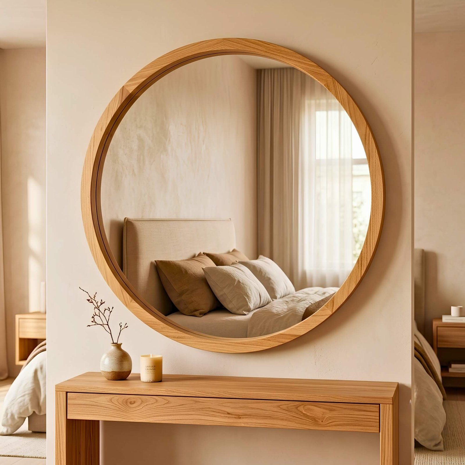 Espejo circular de madera premium instalado en living contemporáneo