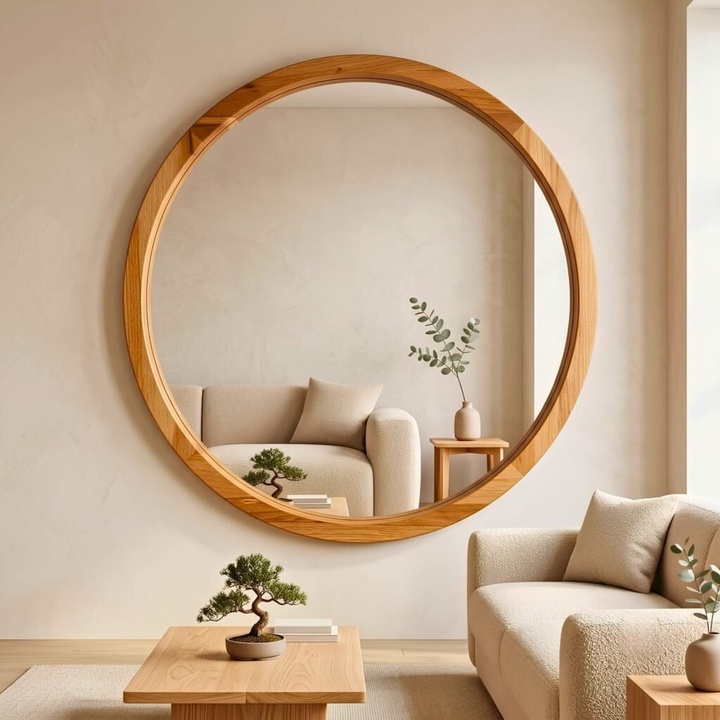 Espejo circular con marco de madera premium Petiribí para living moderno