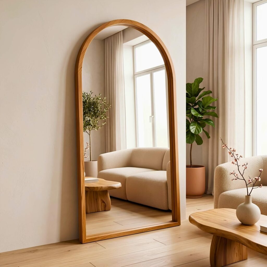 Espejo de cuerpo entero con marco de madera premium en living moderno