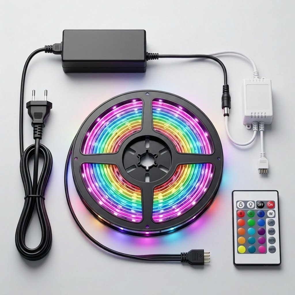 Kit LED RGB completo de 5 metros BurletesCABA con tira encendida, transformador, controlador y control remoto